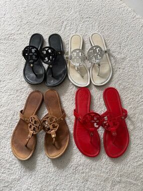 Tory Burch Leather Miller Thong Sandals in Black, white, Brown, Red